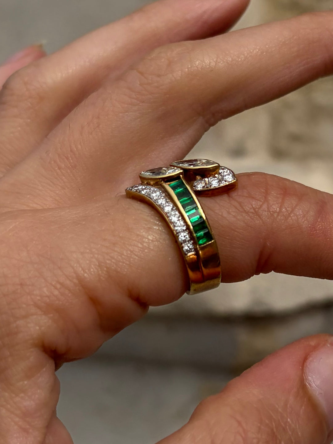 Marquise Diamond & Emerald Toi et Moi Ring in 18ct Yellow Gold, Circa 1980 3.48ctw