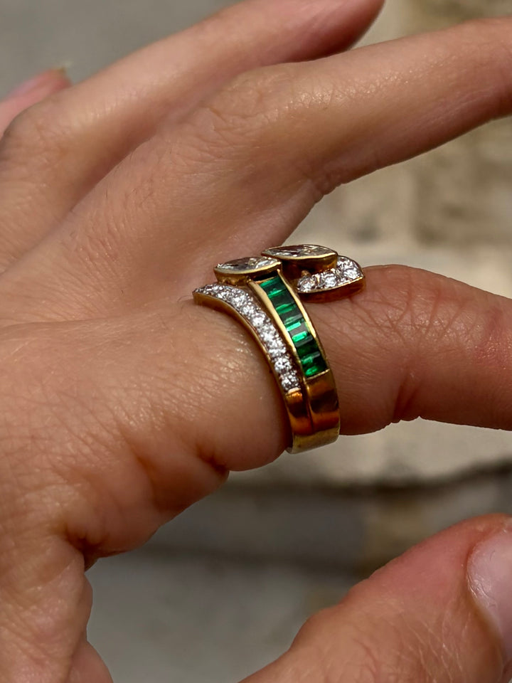 Marquise Diamond & Emerald Toi et Moi Ring in 18ct Yellow Gold, Circa 1980 3.48ctw