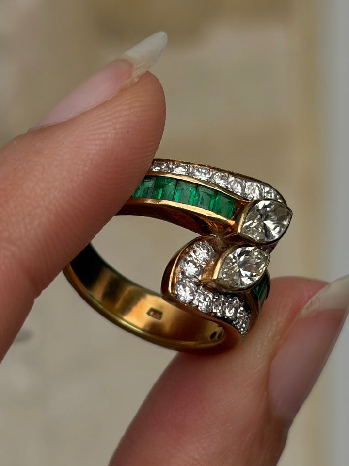 Marquise Diamond & Emerald Toi et Moi Ring in 18ct Yellow Gold, Circa 1980 3.48ctw