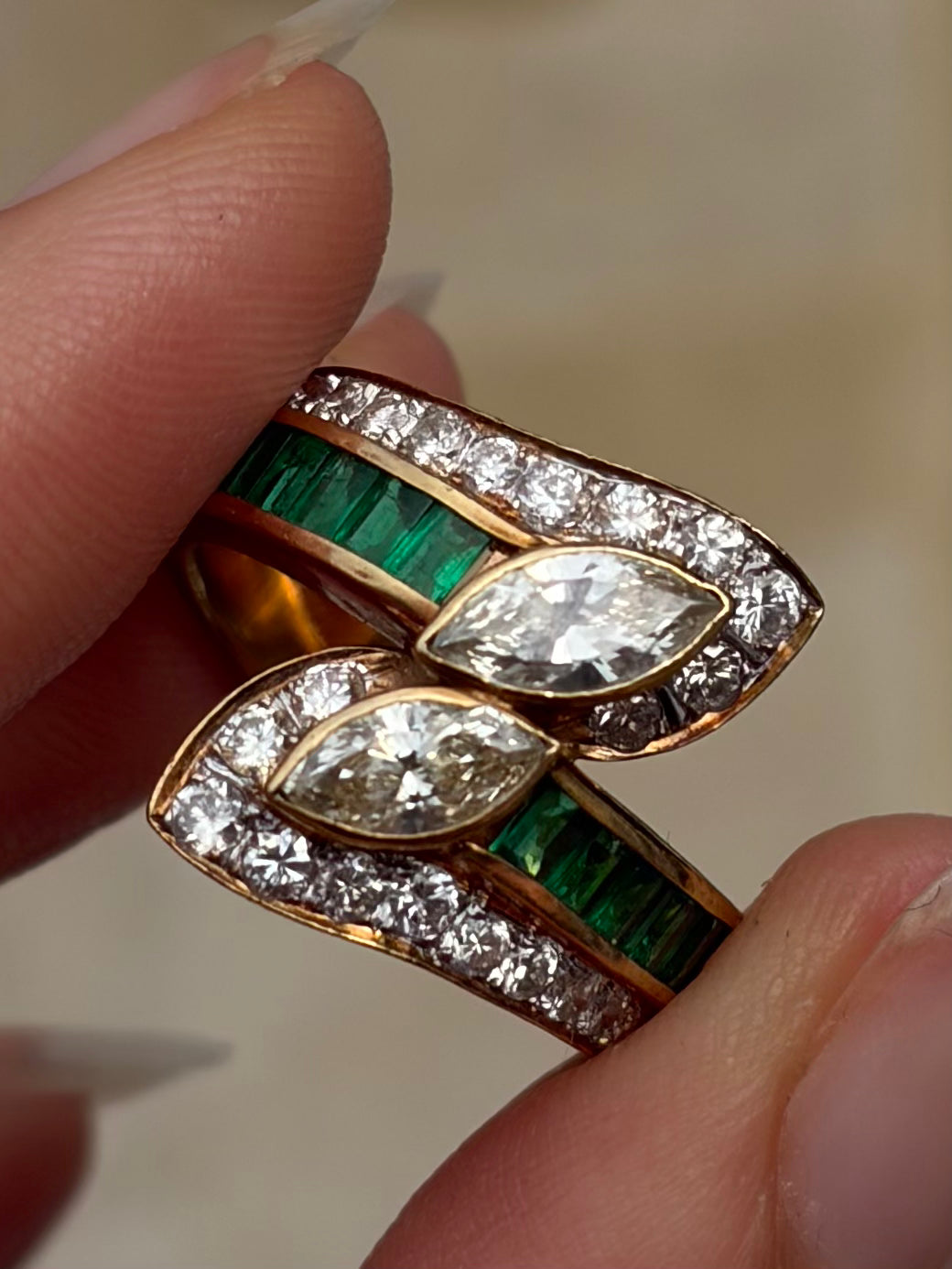 Marquise Diamond & Emerald Toi et Moi Ring in 18ct Yellow Gold, Circa 1980 3.48ctw