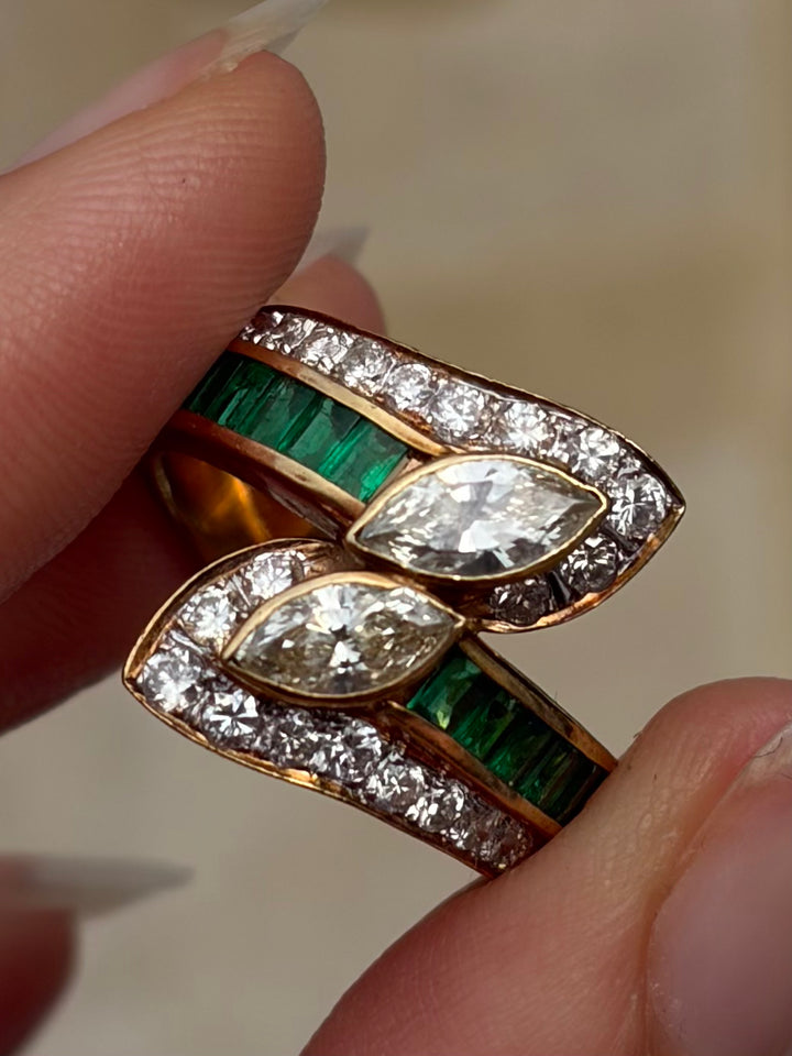 Marquise Diamond & Emerald Toi et Moi Ring in 18ct Yellow Gold, Circa 1980 3.48ctw
