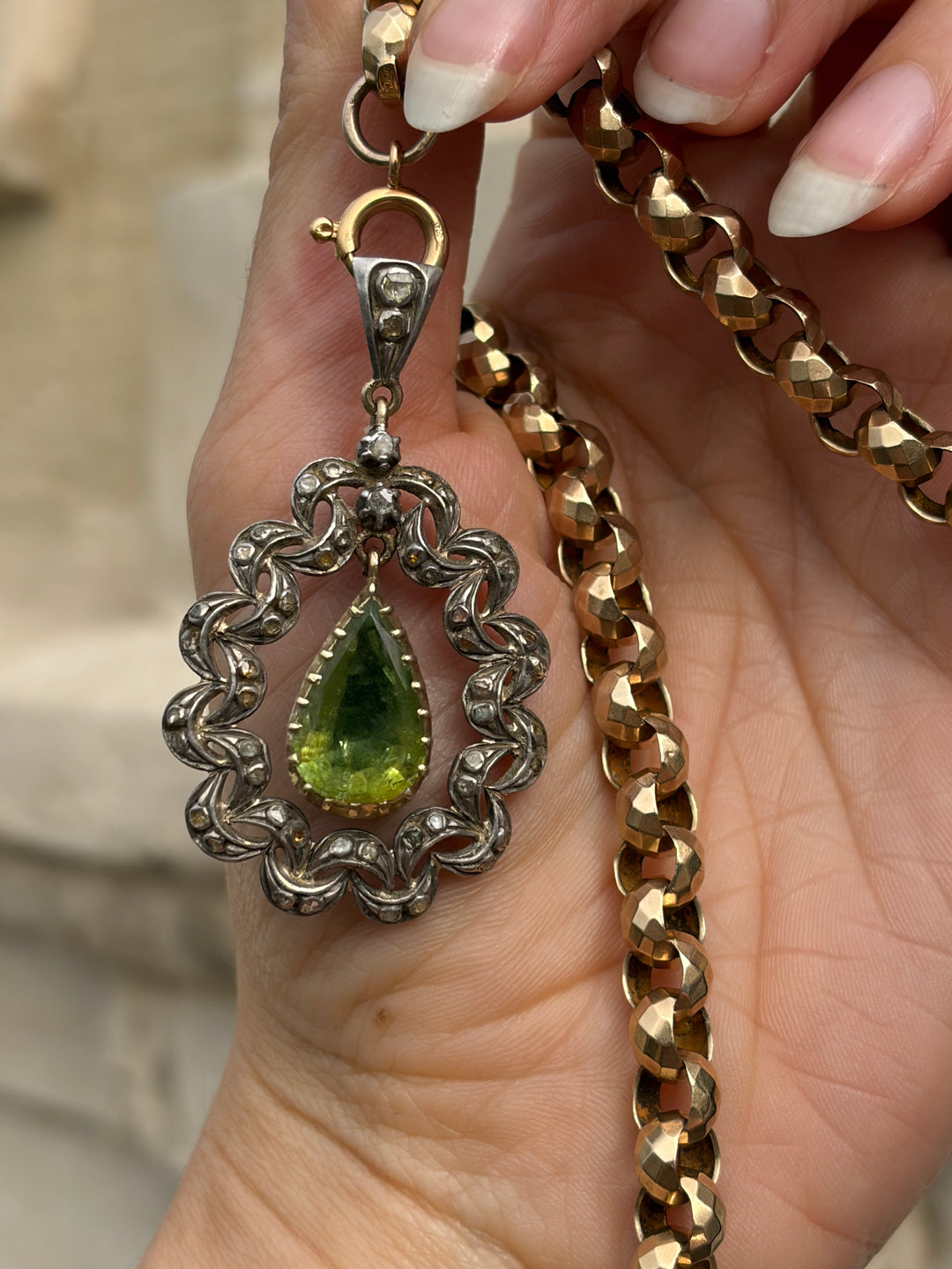 Iberian Peridot & Rose-Cut Diamond Pendant in 18ct Gold and Silver, Circa 1880