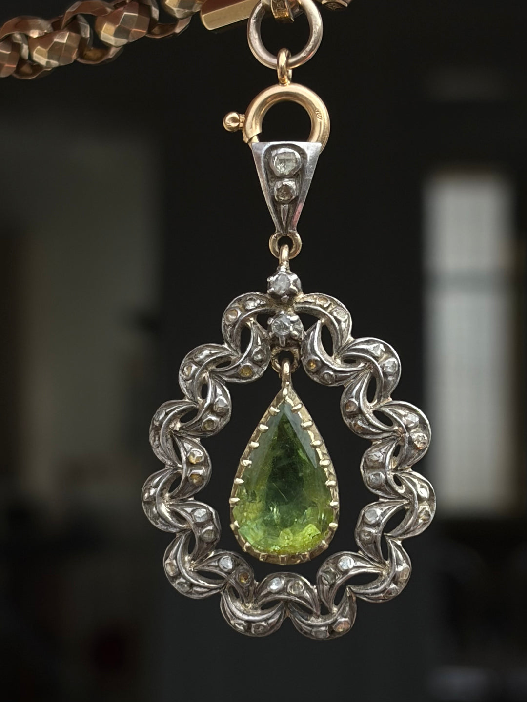 Iberian Peridot & Rose-Cut Diamond Pendant in 18ct Gold and Silver, Circa 1880