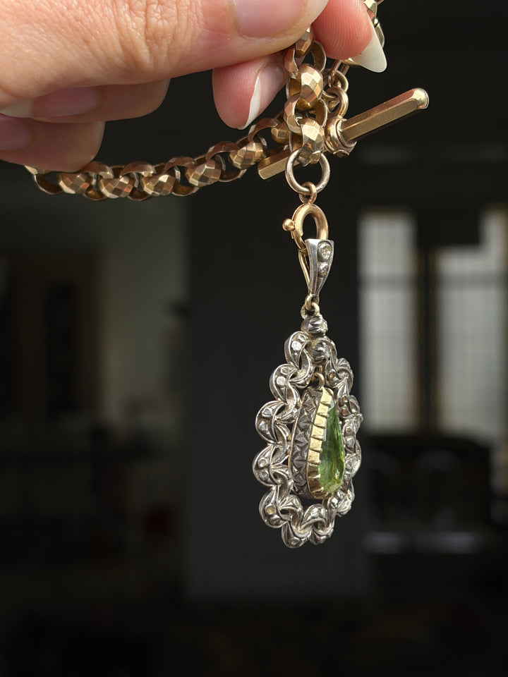 Iberian Peridot & Rose-Cut Diamond Pendant in 18ct Gold and Silver, Circa 1880