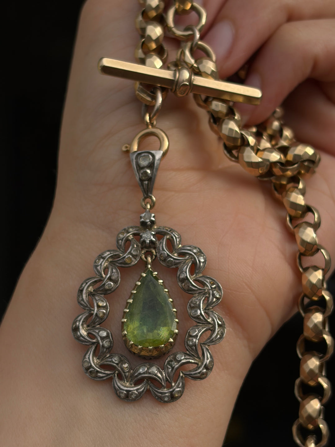 Iberian Peridot & Rose-Cut Diamond Pendant in 18ct Gold and Silver, Circa 1880