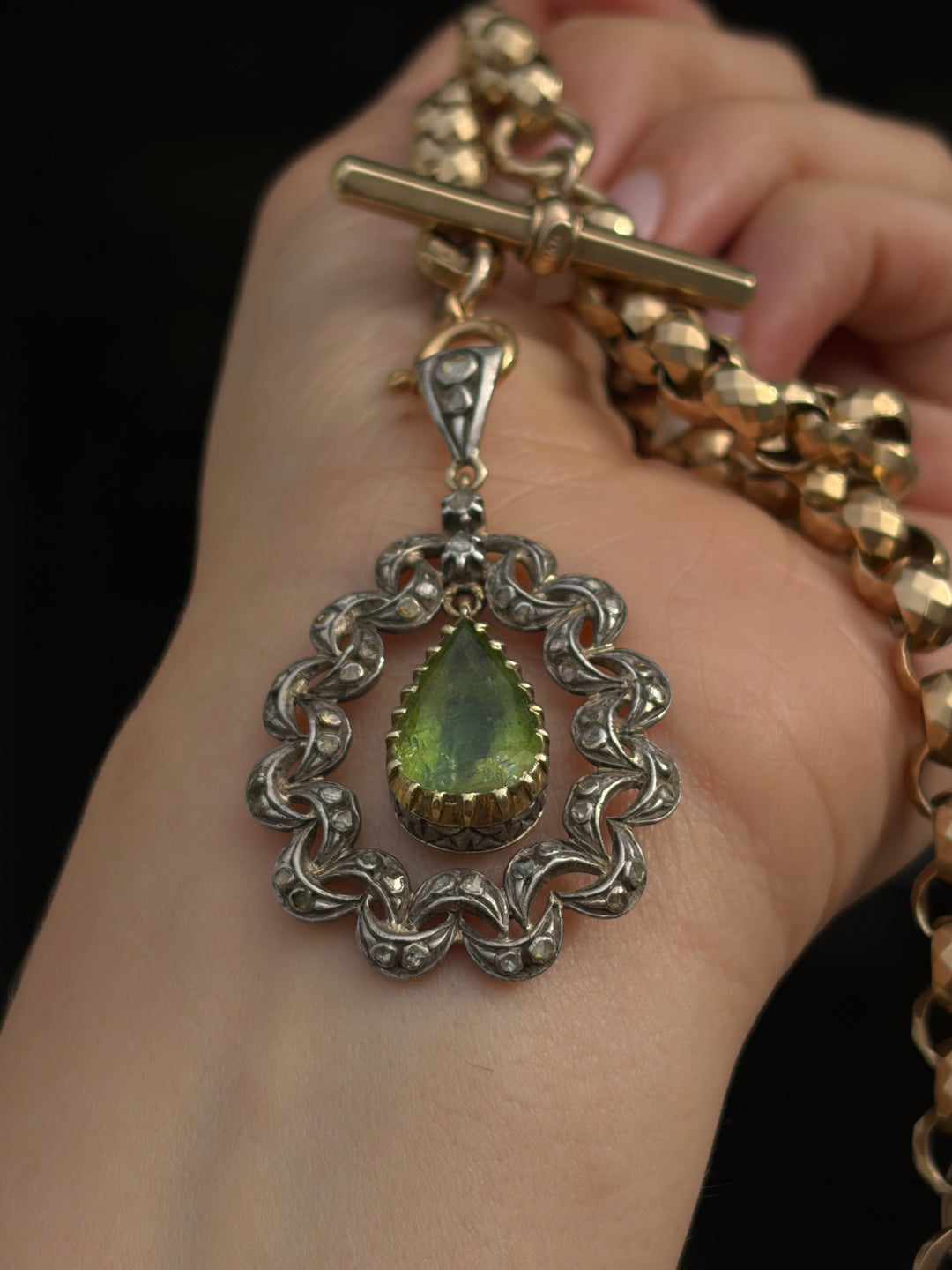 Iberian Peridot & Rose-Cut Diamond Pendant in 18ct Gold and Silver, Circa 1880