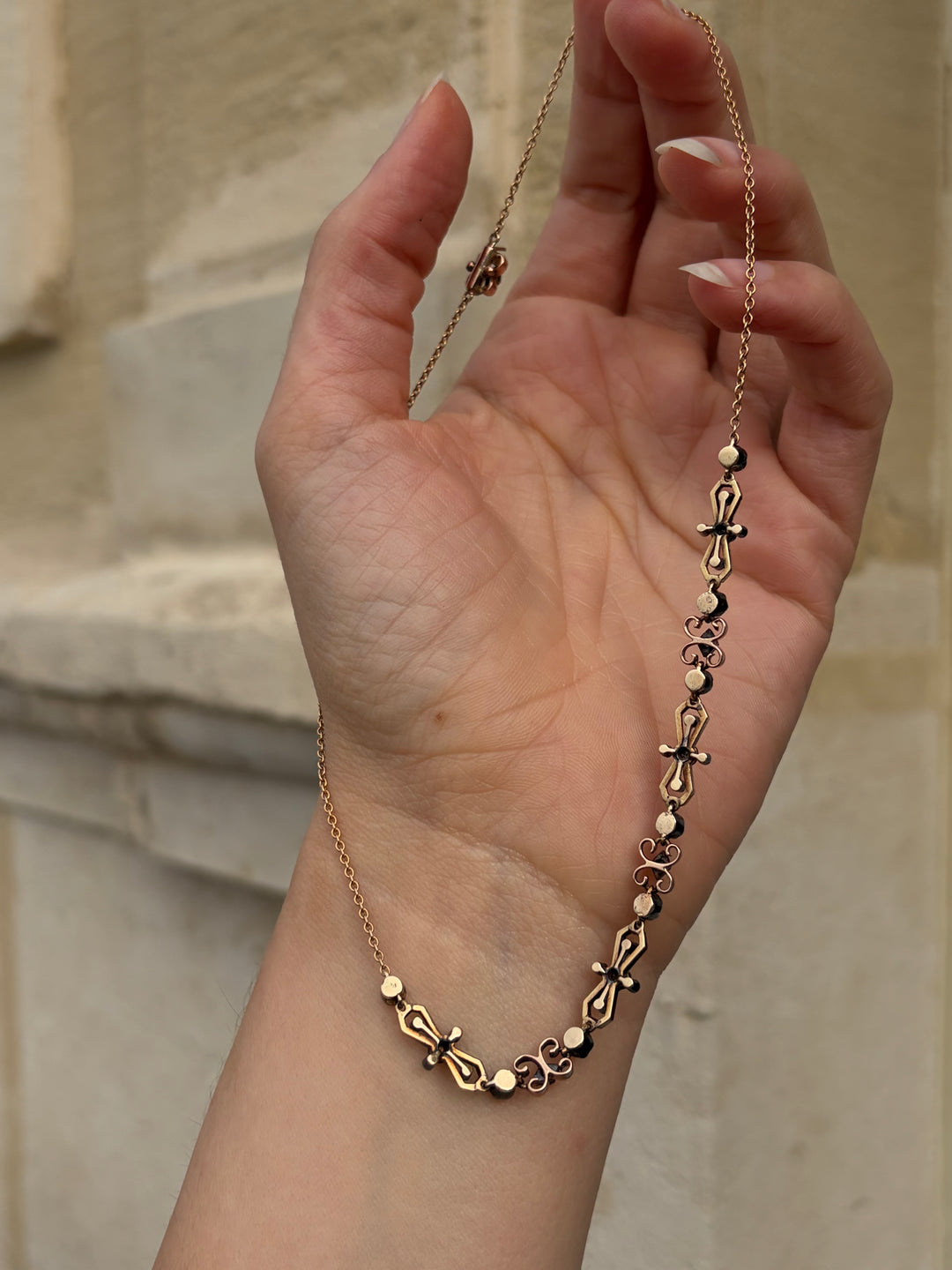 Rare Green Enamel and Diamond Renaissance Revival Holbeinesque Necklace. in 15ct Gold