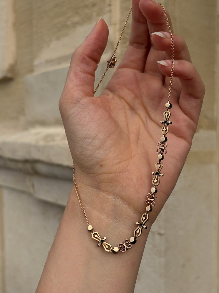 Rare Green Enamel and Diamond Renaissance Revival Holbeinesque Necklace. in 15ct Gold
