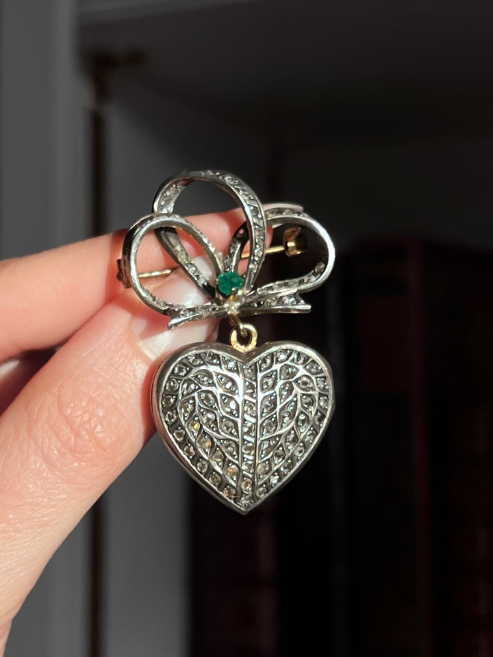 Rose Cut Diamond Heart Locket with Sévigné Bow Brooch Top