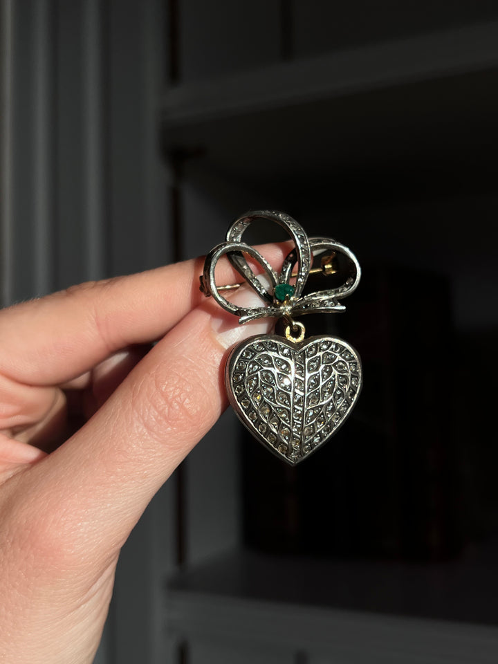 Rose Cut Diamond Heart Locket with Sévigné Bow Brooch Top