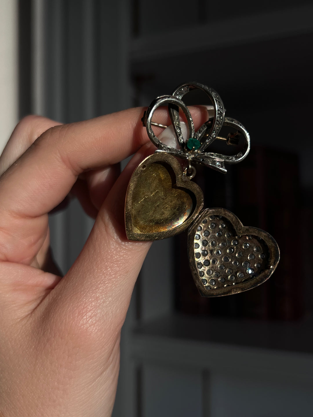 Rose Cut Diamond Heart Locket with Sévigné Bow Brooch Top
