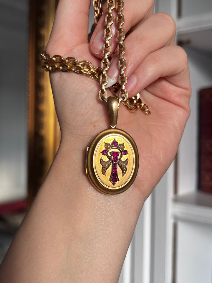 Ruby & Pearl Locket of English Origin in 15ct