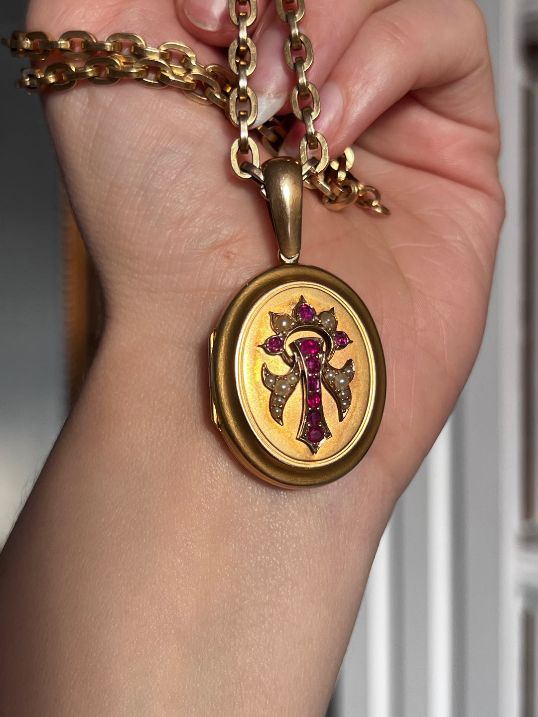 Ruby & Pearl Locket of English Origin in 15ct