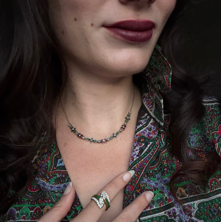 Rare Green Enamel and Diamond Renaissance Revival Holbeinesque Necklace. in 15ct Gold