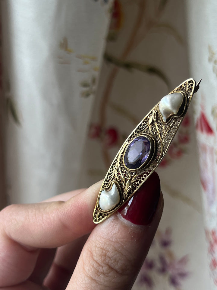 Incredible 14k Victorian Amethyst Bar Brooch