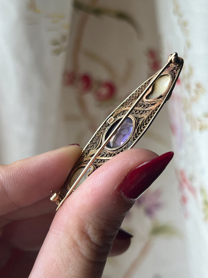 Incredible 14k Victorian Amethyst Bar Brooch