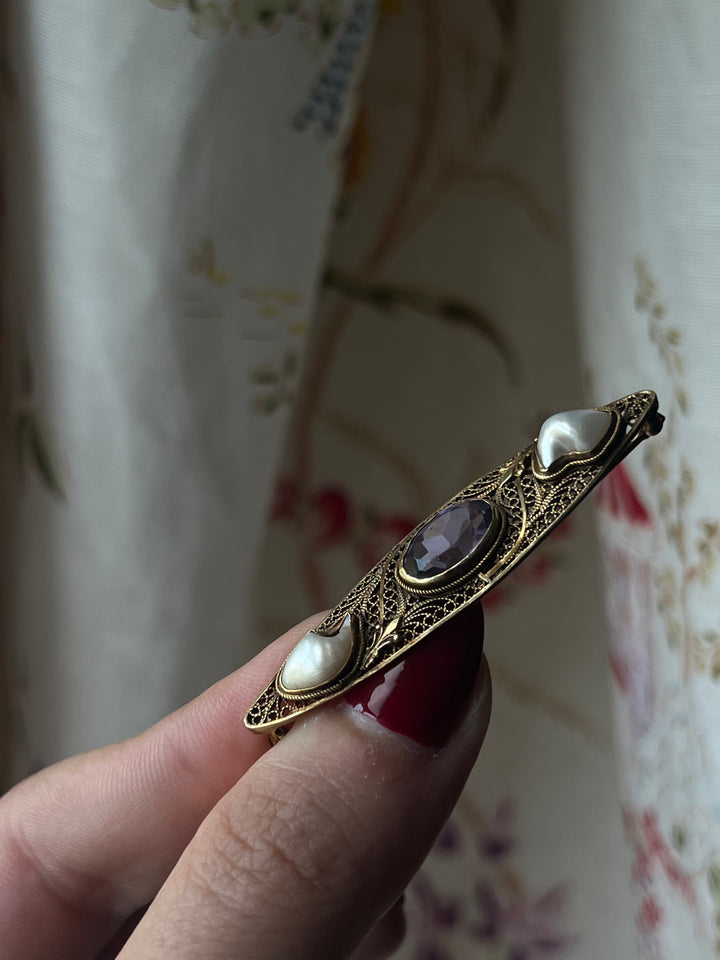 Incredible 14k Victorian Amethyst Bar Brooch