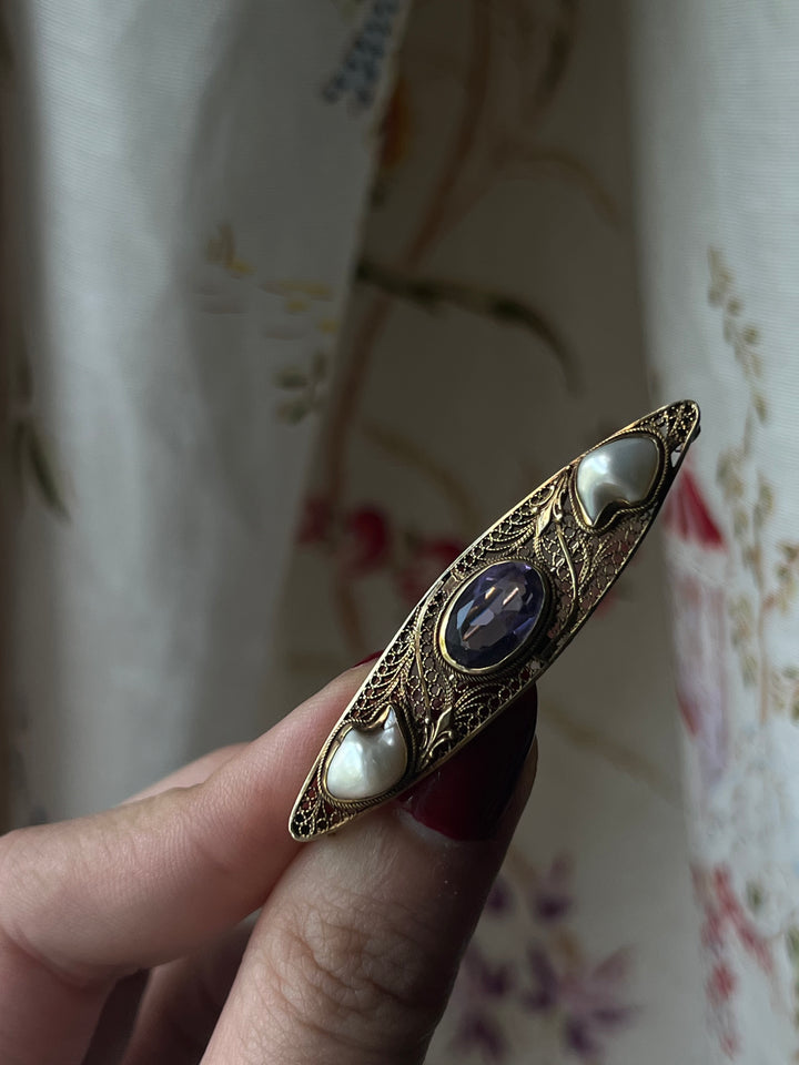 Incredible 14k Victorian Amethyst Bar Brooch