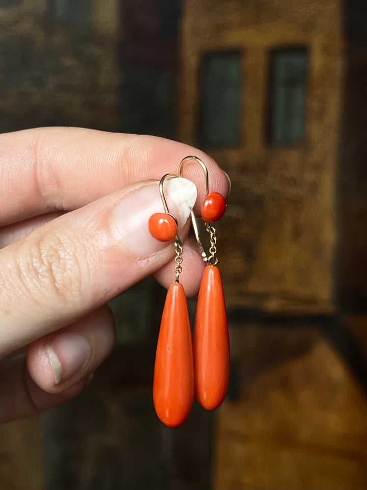 Victorian Coral Drop Earrings in 12ct