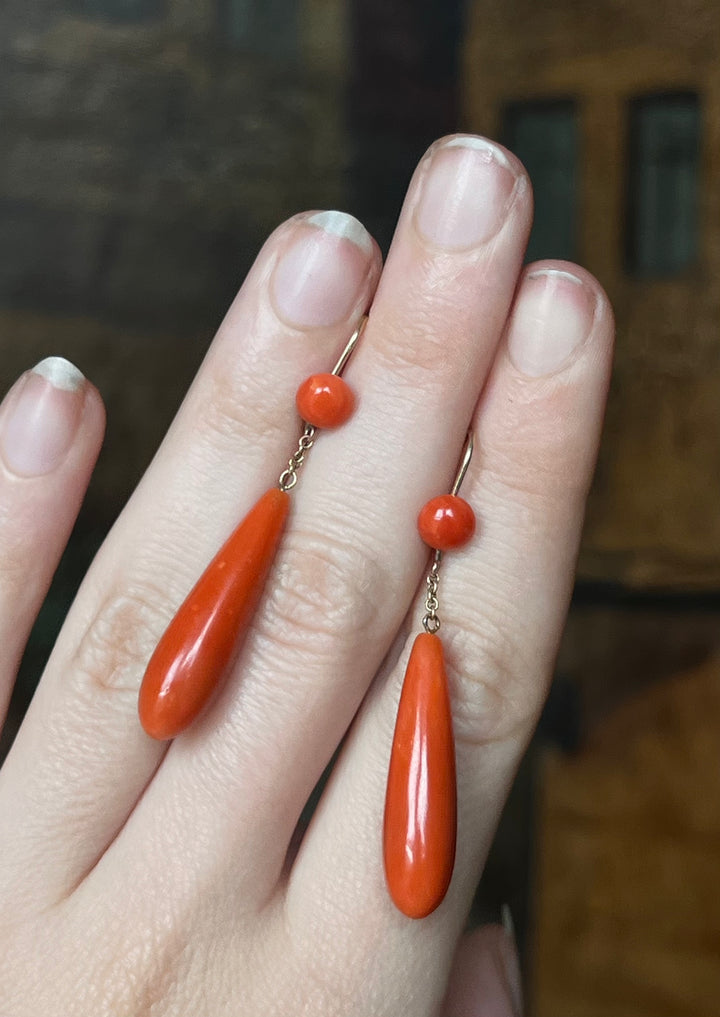 Victorian Coral Drop Earrings in 12ct