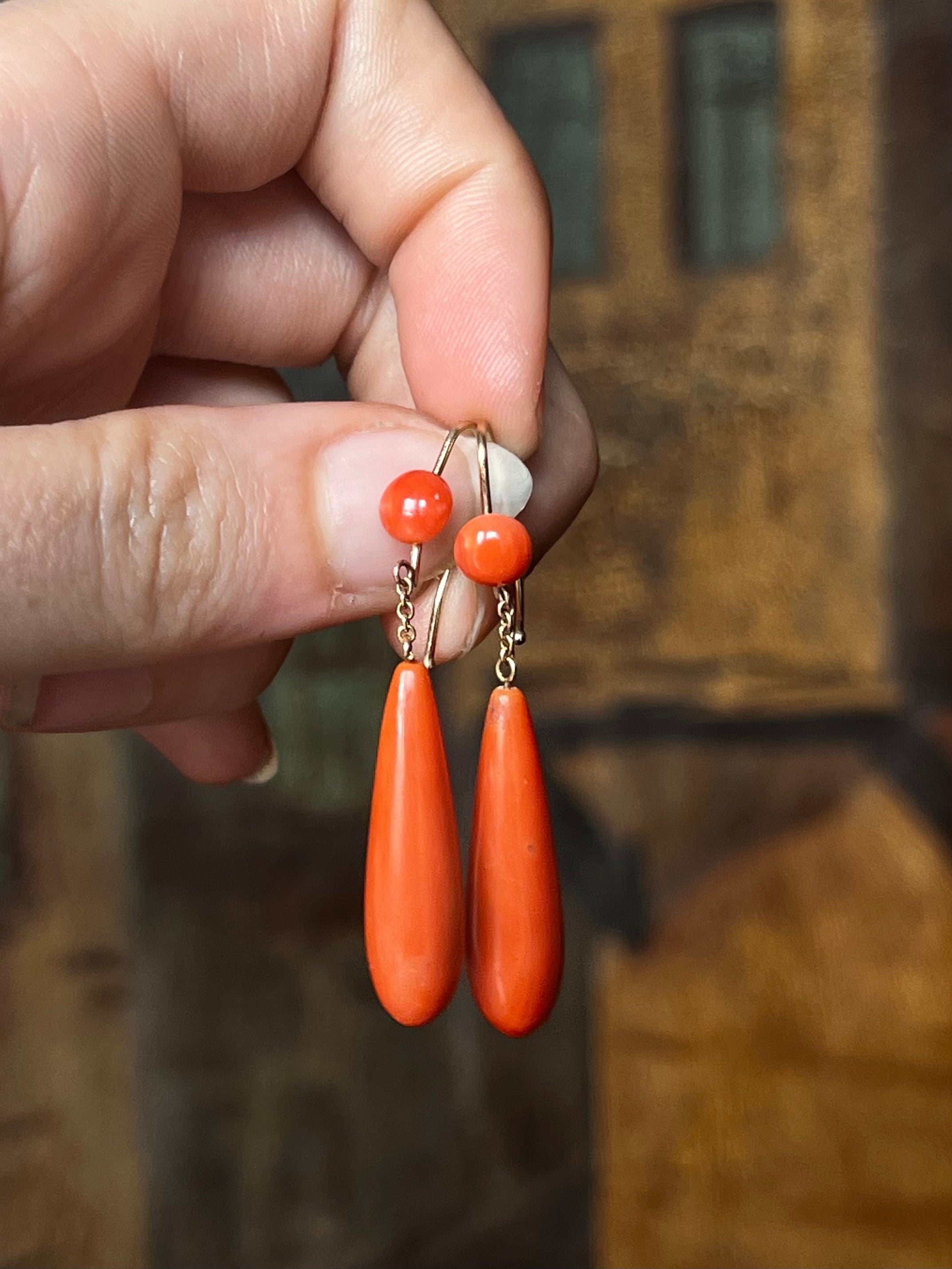 Victorian Coral Drop Earrings in 12ct