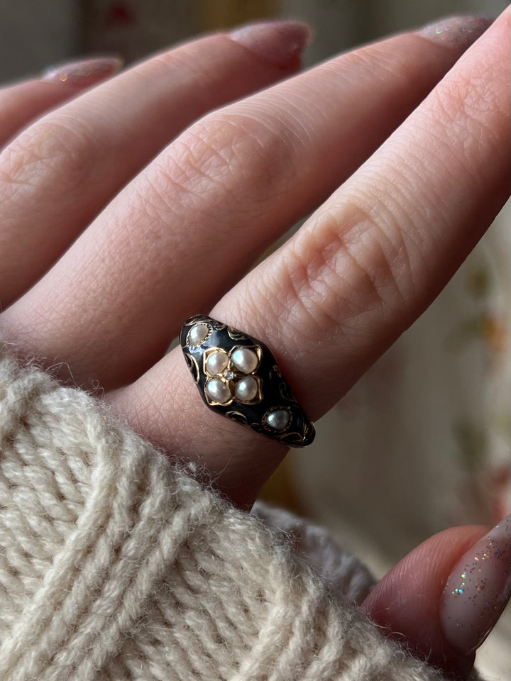 Superb Black Enamel and Pearl Mourning Ring