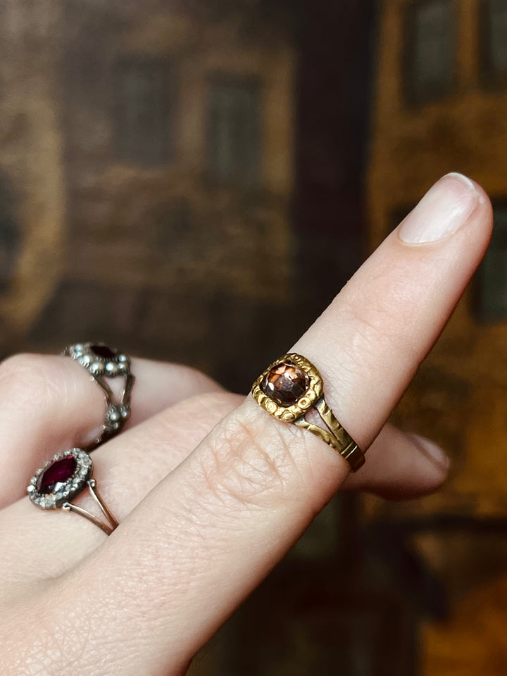 Georgian Rose Cut Garnet Morning Glory Ring in 18ct
