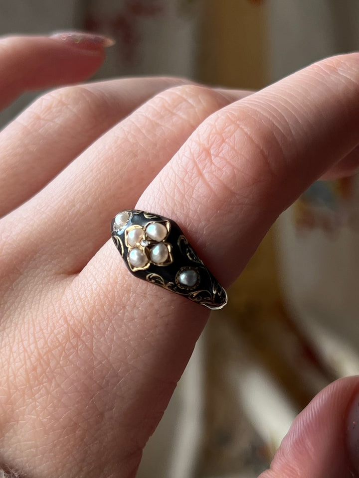 Superb Black Enamel and Pearl Mourning Ring