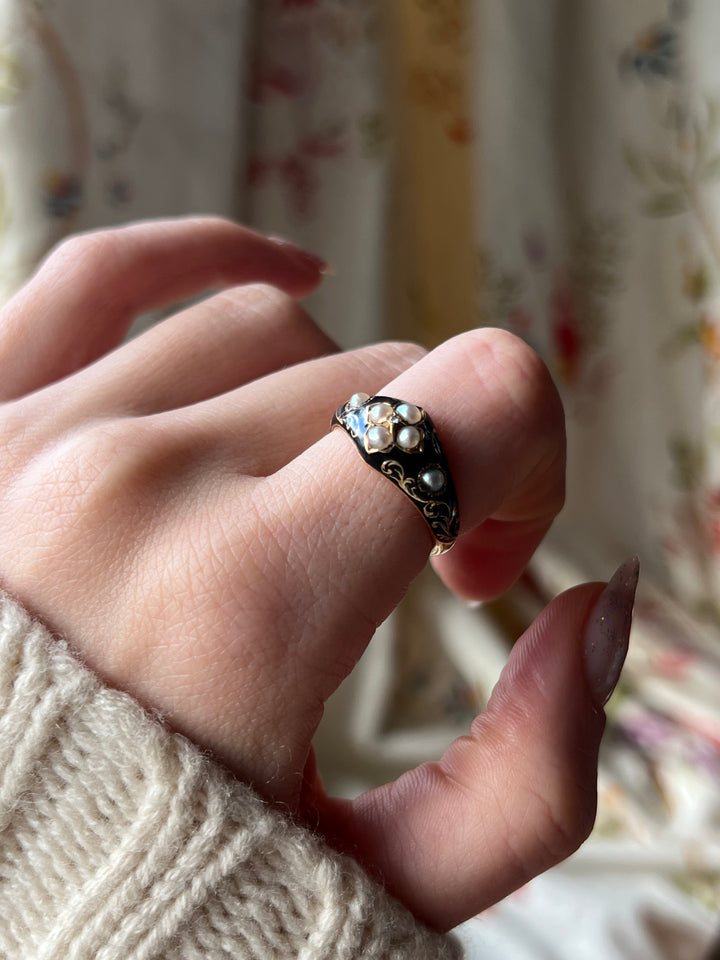Superb Black Enamel and Pearl Mourning Ring