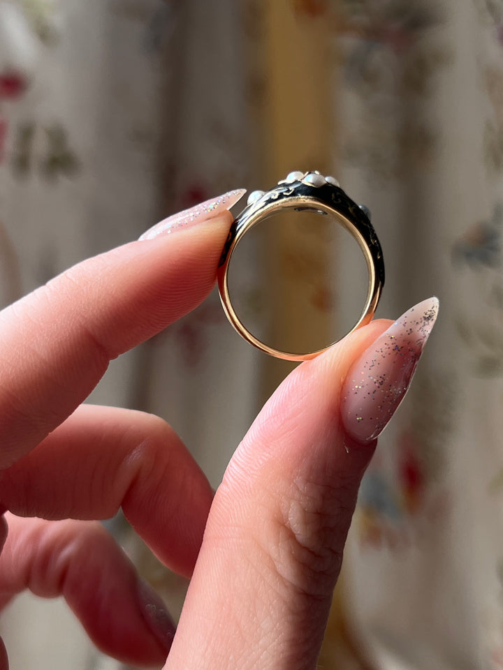 Superb Black Enamel and Pearl Mourning Ring