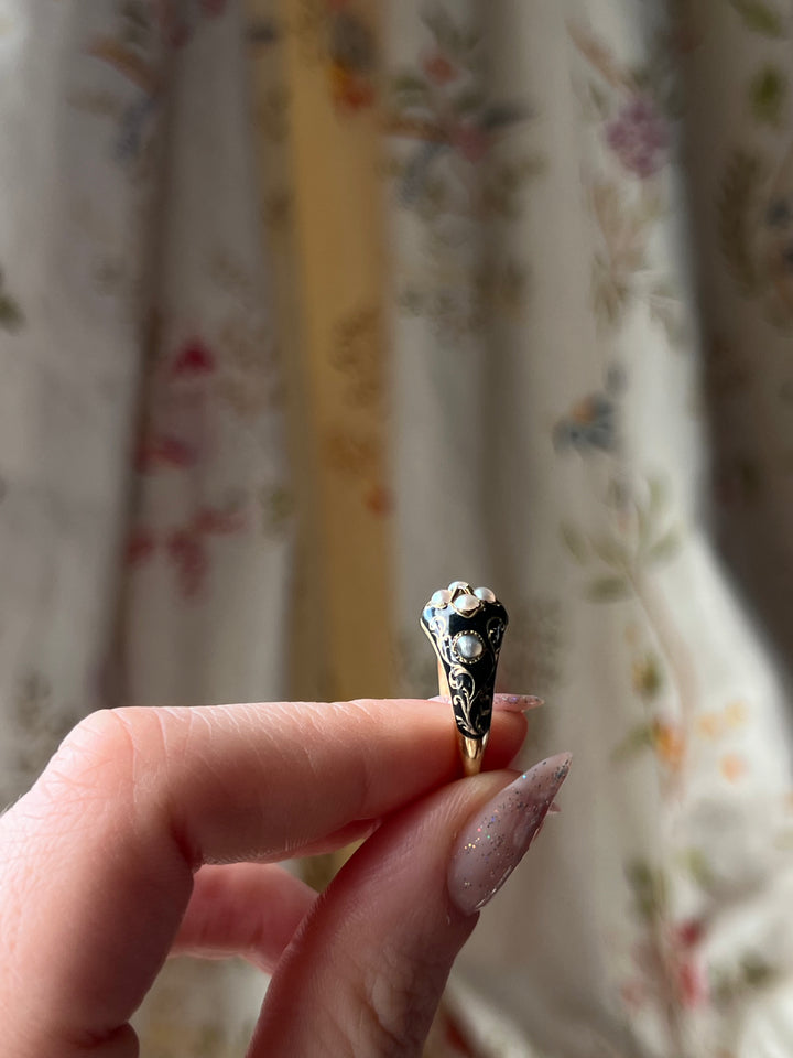 Superb Black Enamel and Pearl Mourning Ring