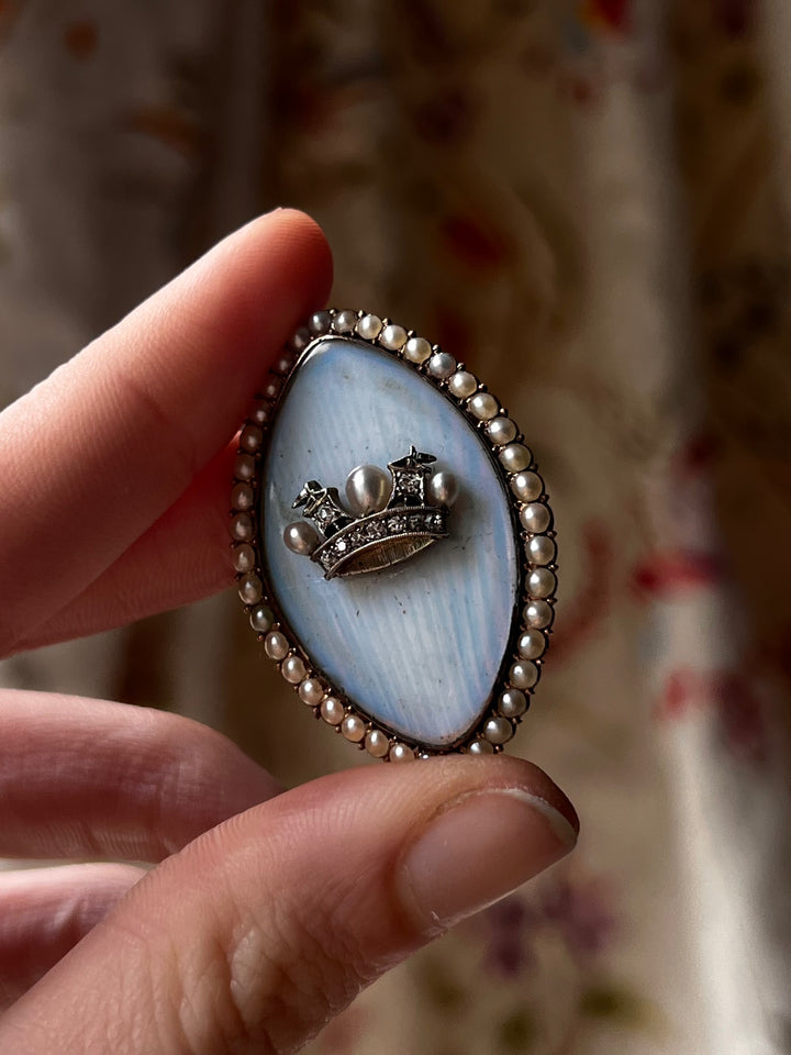 Victorian Diamond and Pearl British Naval Crown Brooch