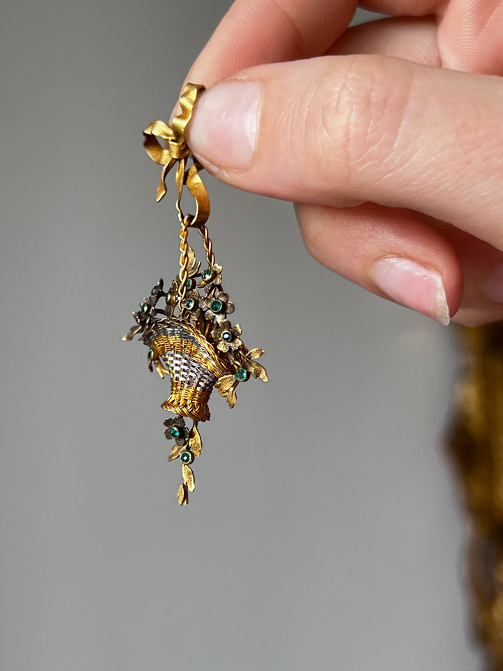 Emerald and Ribbon Bow Basket Pendant of the Romantic Period