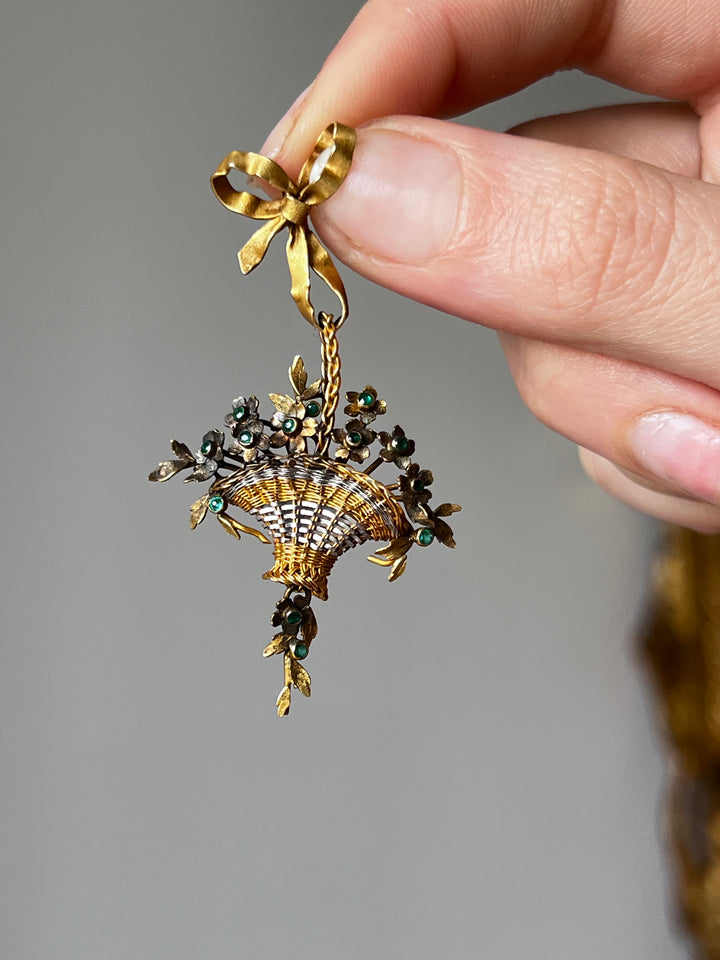 Emerald and Ribbon Bow Basket Pendant of the Romantic Period