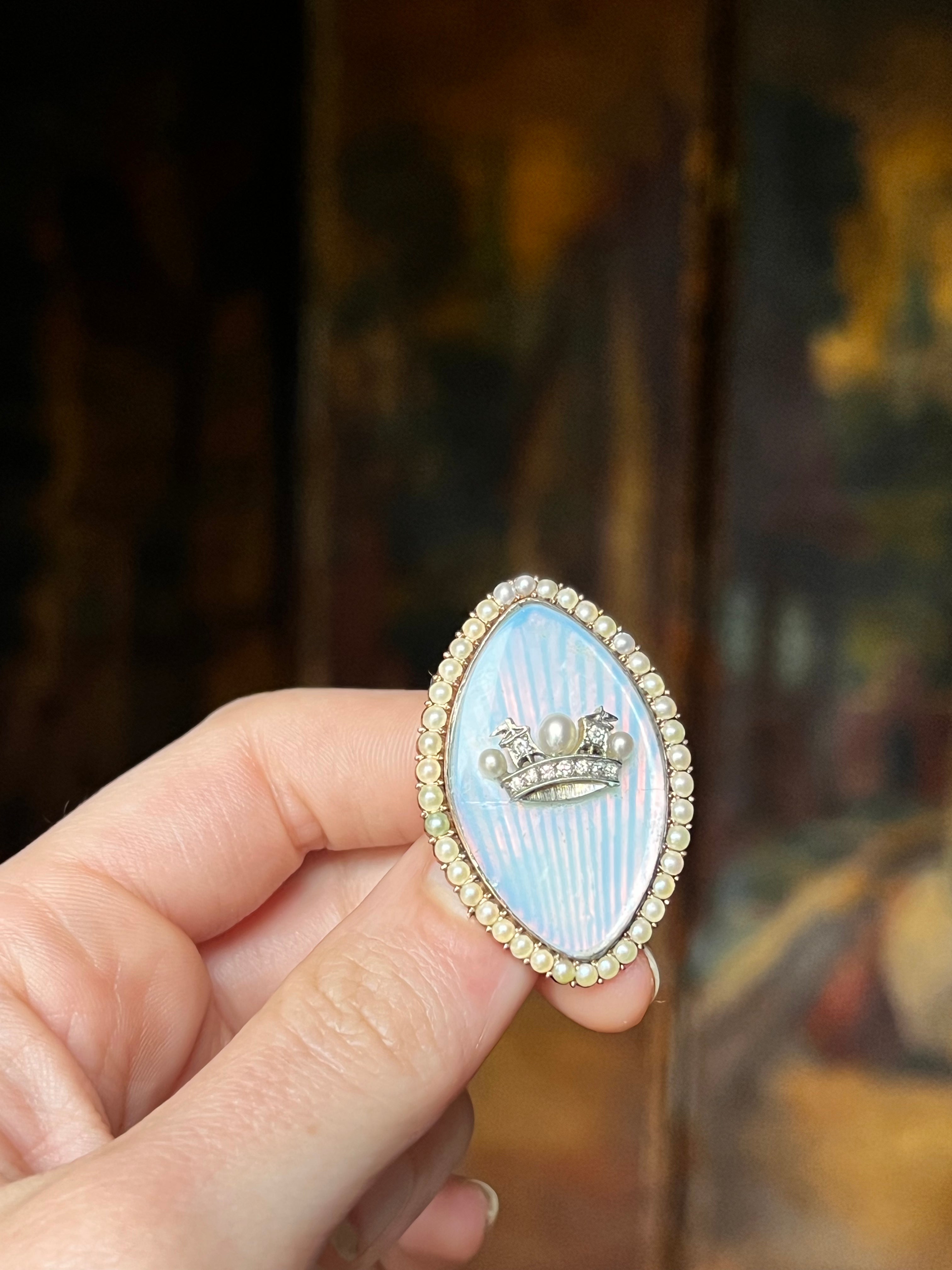 Victorian Diamond and Pearl British Naval Crown Brooch