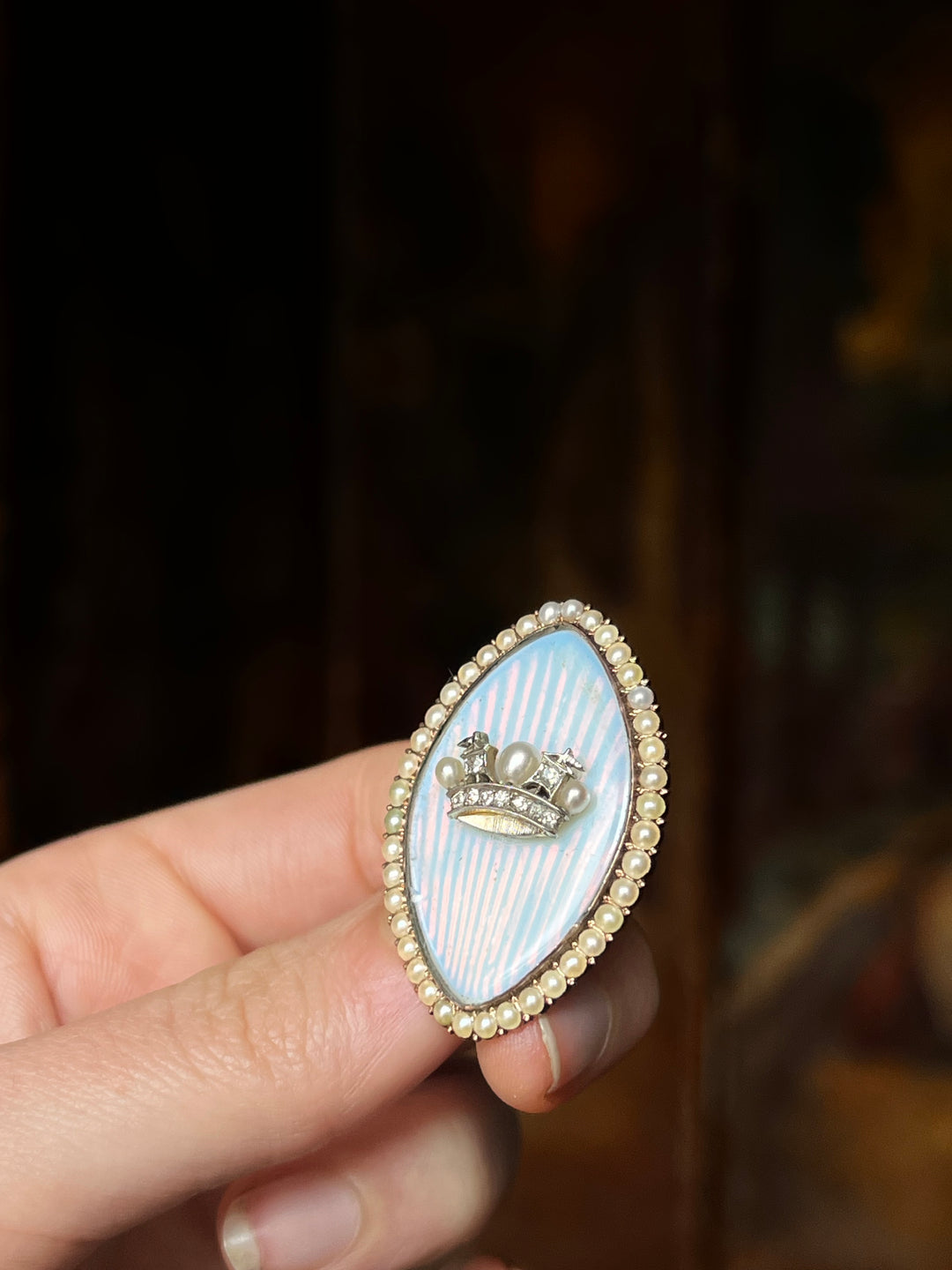 Victorian Diamond and Pearl British Naval Crown Brooch
