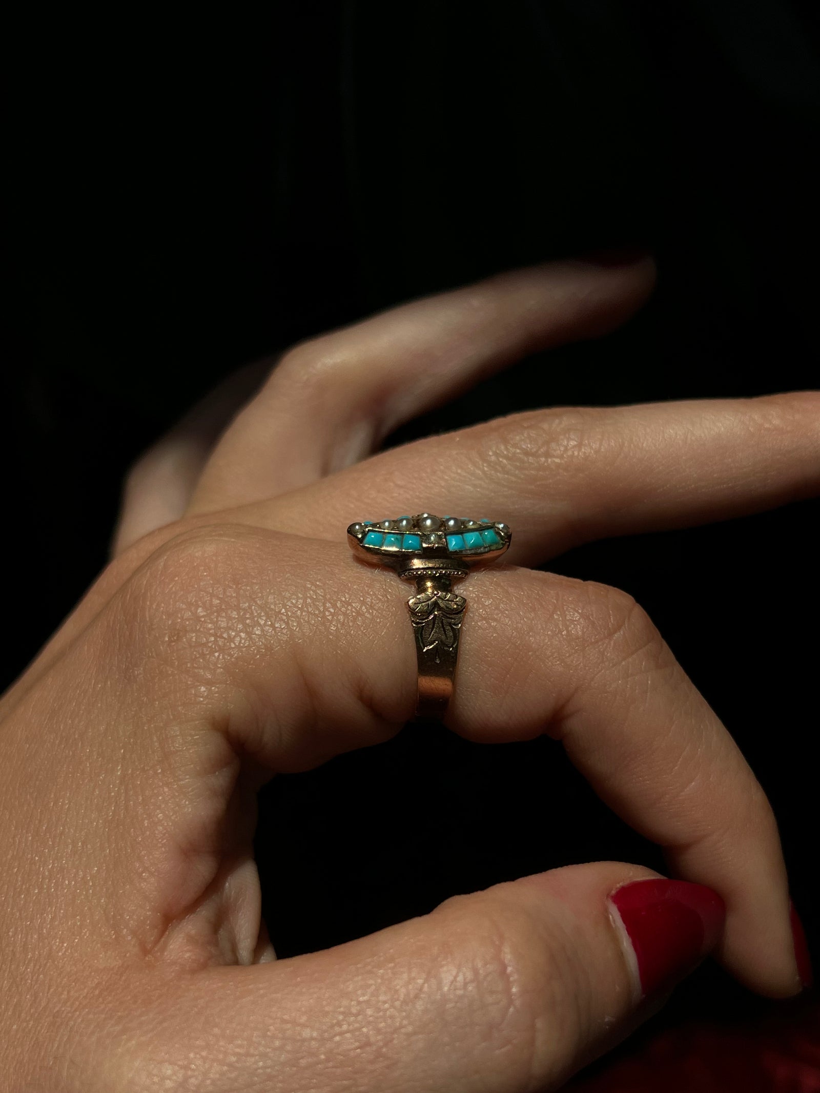 Victorian 14ct pink gold ring featuring East Lake turquoise and pearls in antique design