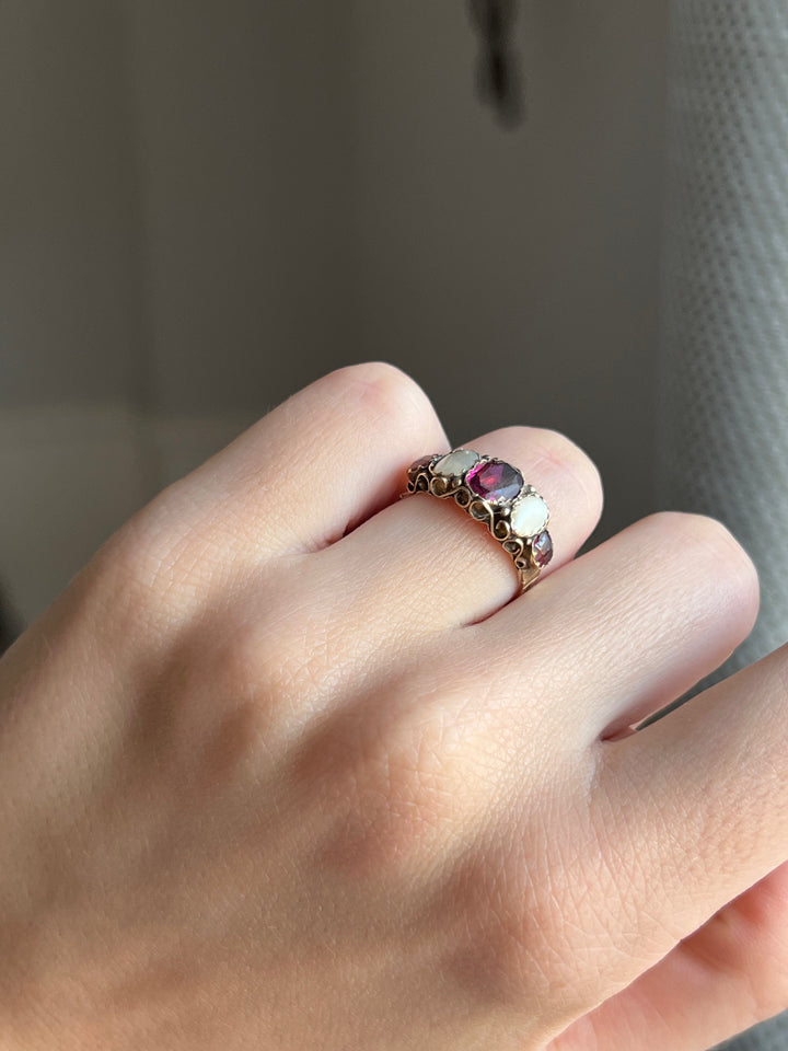 Early 19th C Garnet and Pearl Ring in 9ct