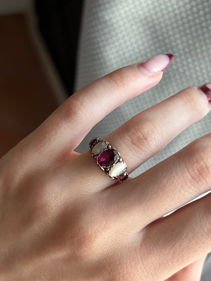 Early 19th C Garnet and Pearl Ring in 9ct