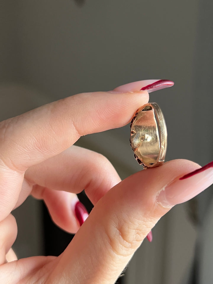 Early 19th C Garnet and Pearl Ring in 9ct