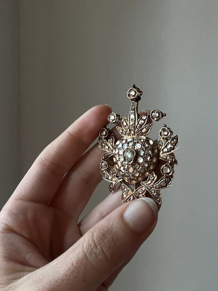 10ct Rose Gold Rose Cut Diamond Flaming Heart Brooch