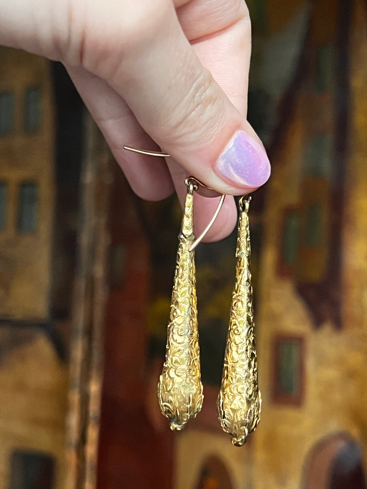 Superbly Etched Pair of Georgian Torpedo Earrings