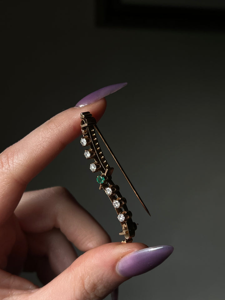Diamond, Emerald and 14ct Pink Gold Aesthetic Movement Brooch