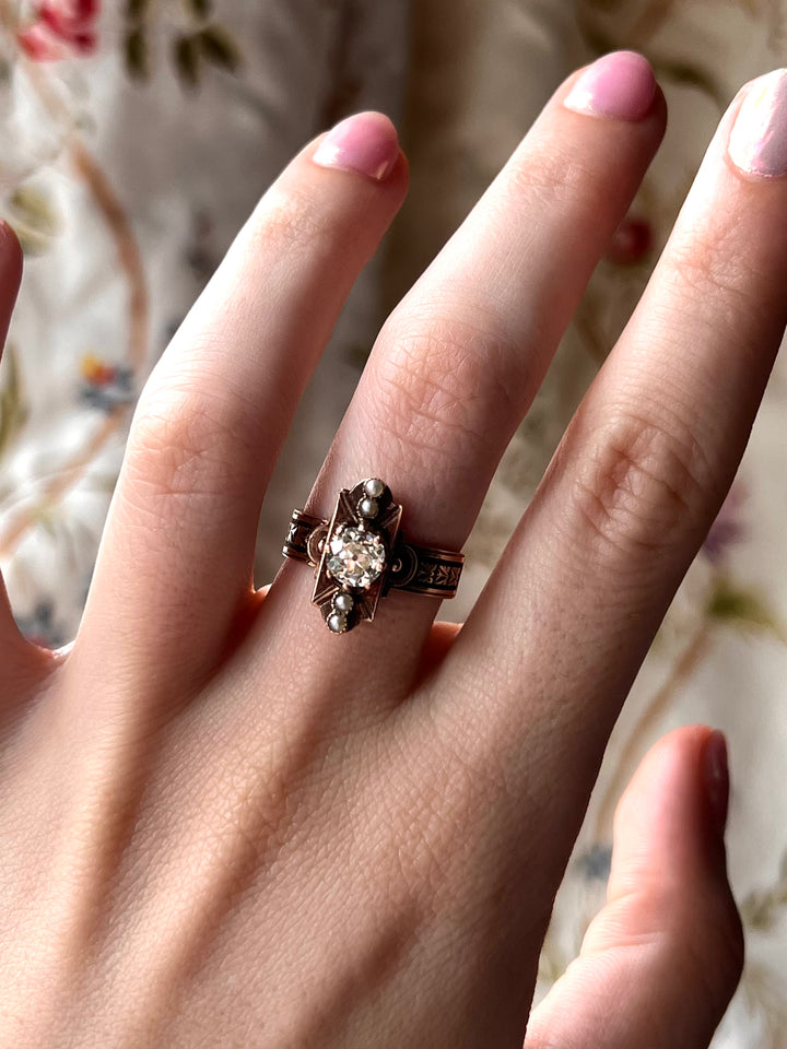 Victorian .94ct Old Mine Cut Diamond Dinner Ring 14ct
