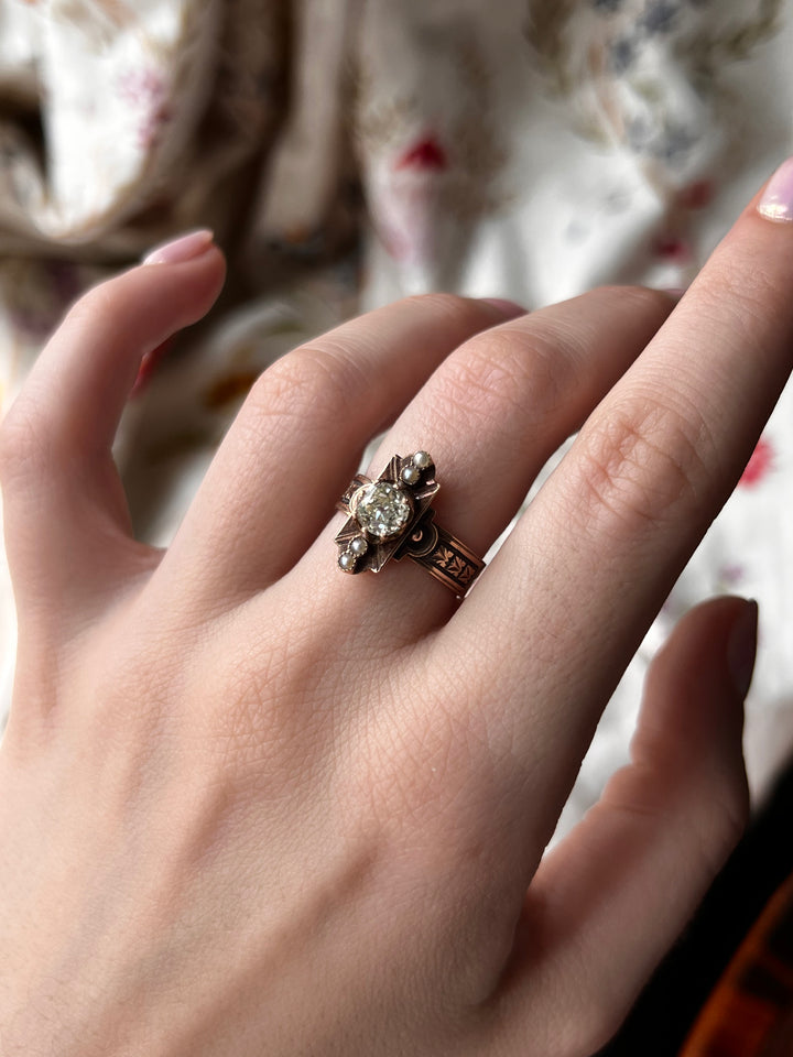 Victorian .94ct Old Mine Cut Diamond Dinner Ring 14ct