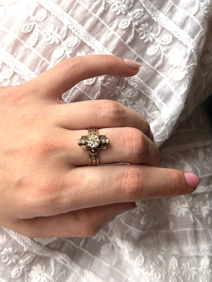 Victorian .94ct Old Mine Cut Diamond Dinner Ring 14ct