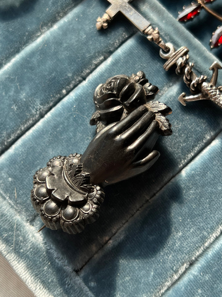 American Gutta Percha Brooch of Victorian Hand