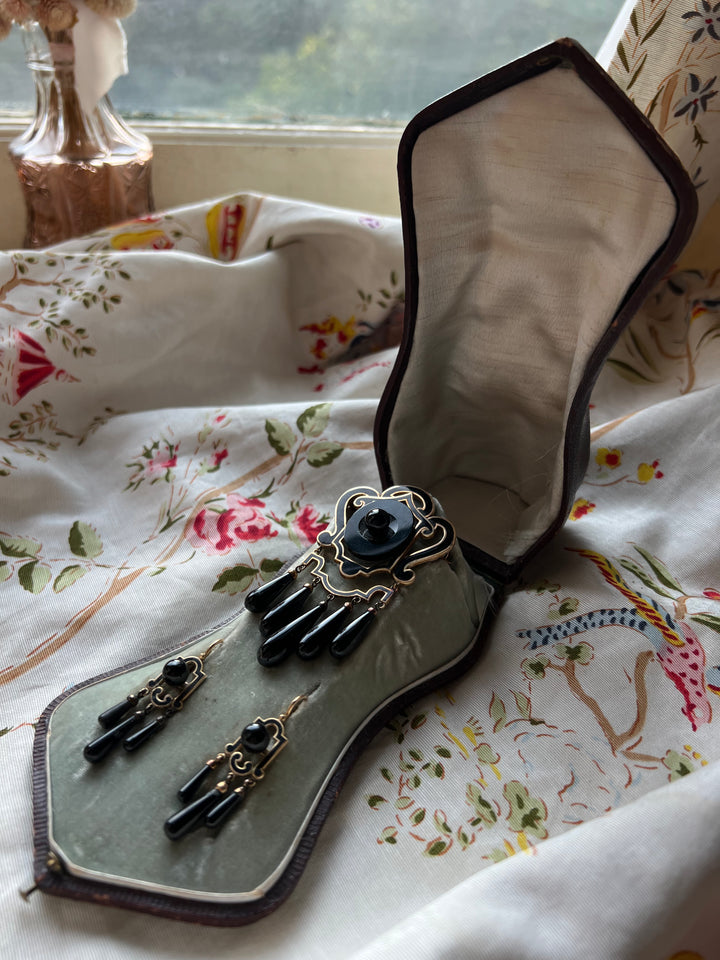 Mint in Box Onyx And Black Enamel Demi Parure Circa 1860 American