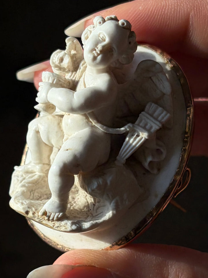 Detail of the white lava cameo showing Cupid’s face, feathered wing, quiver and rocky ground
