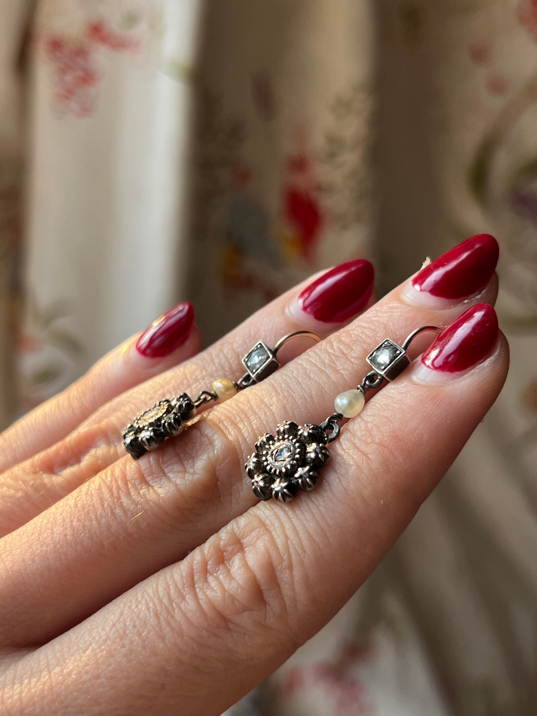 Rose Cut Diamond And Pearl Earrings Circa 1910